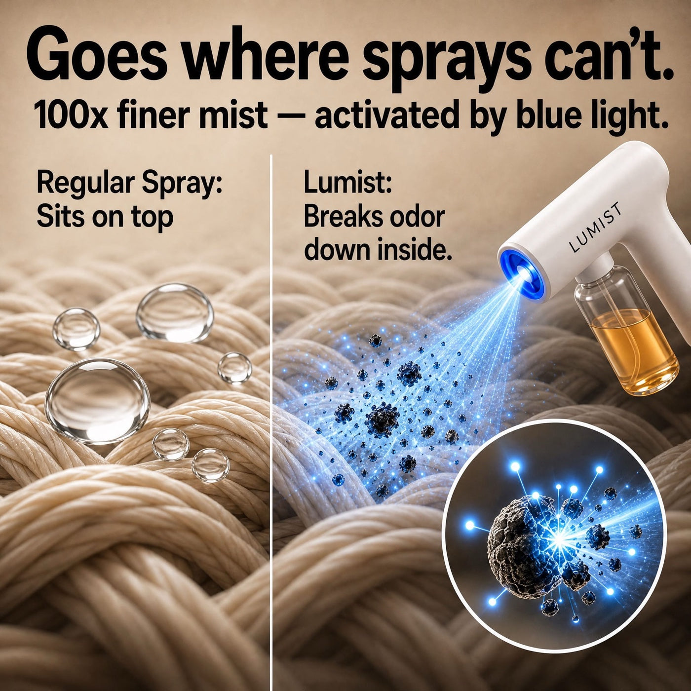 Goes where sprays can't: a 100x finer mist activated by blue light breaks odor down inside the fabric fibers