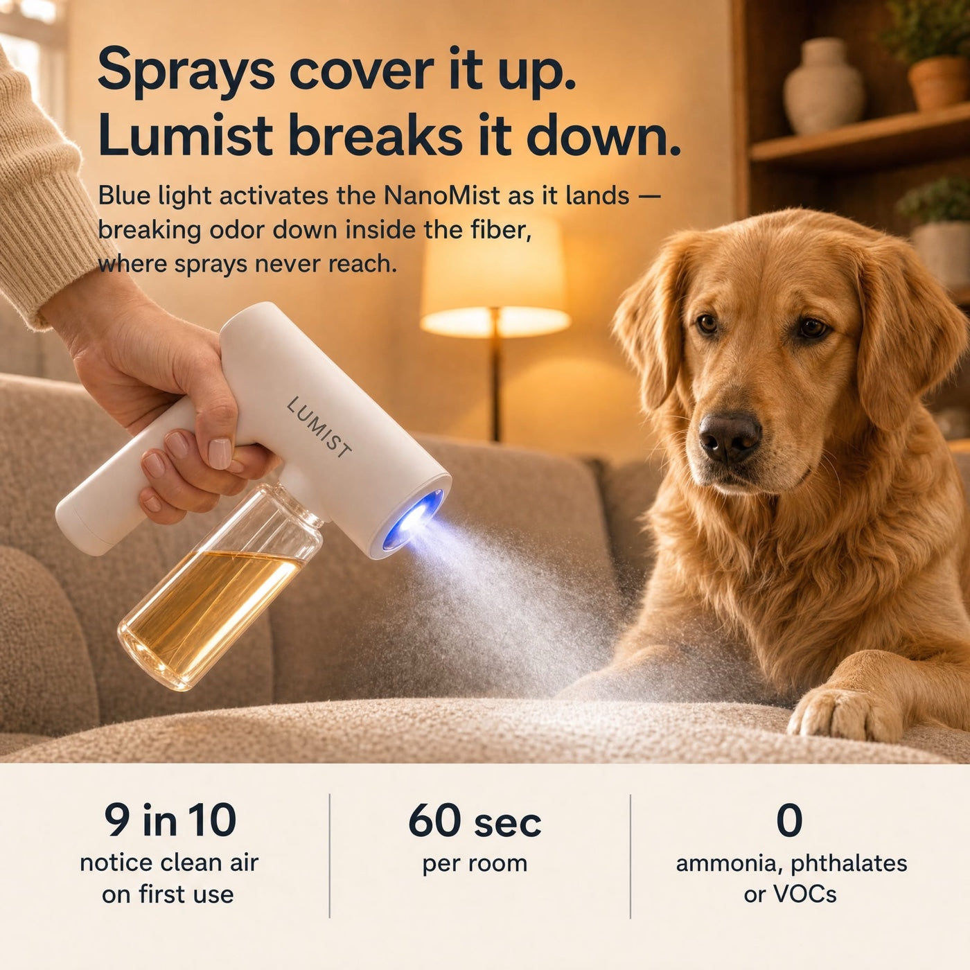 Sprays cover odor up — Lumist breaks it down; 9 in 10 notice cleaner air on first use, 60 seconds per room