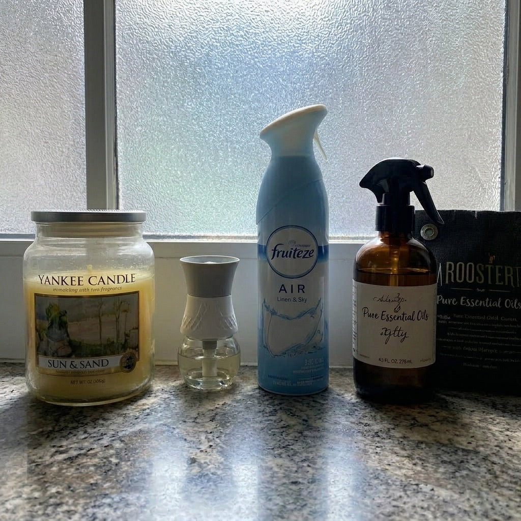 A lineup of candles, plug-ins, and odor sprays on the windowsill — products that only cover the smell