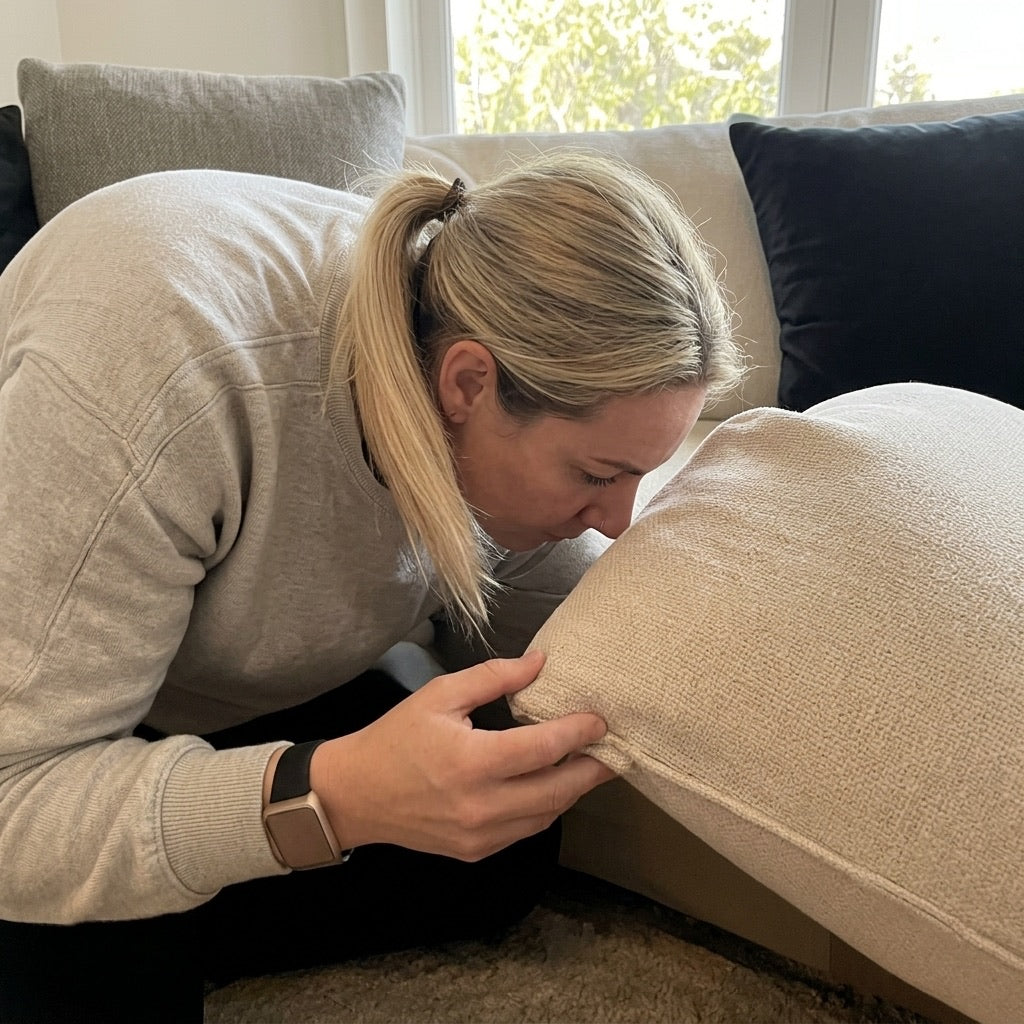 A woman smelling a sofa cushion, checking whether the odor is still there