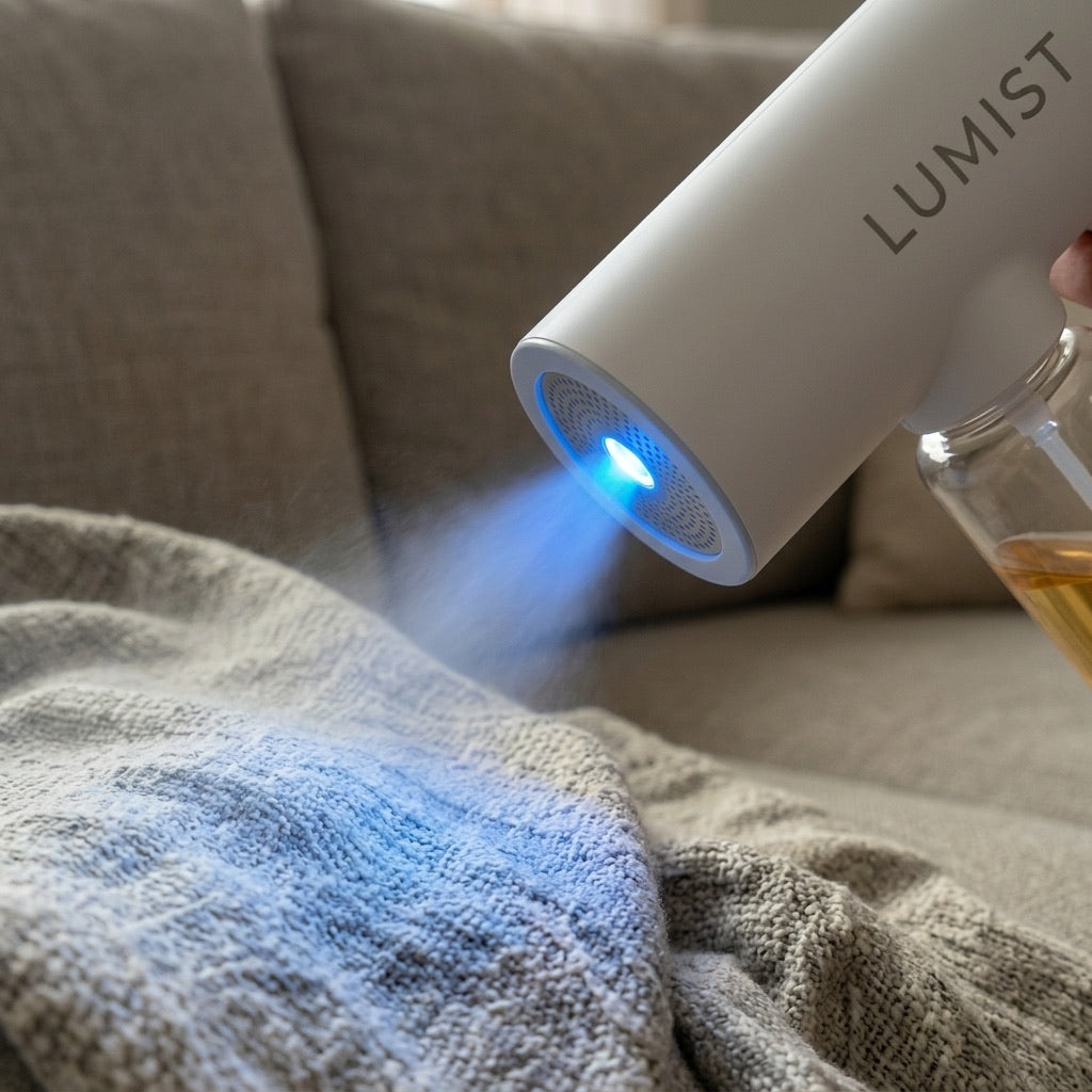 The Lumist device misting blue-light nano mist into sofa fabric