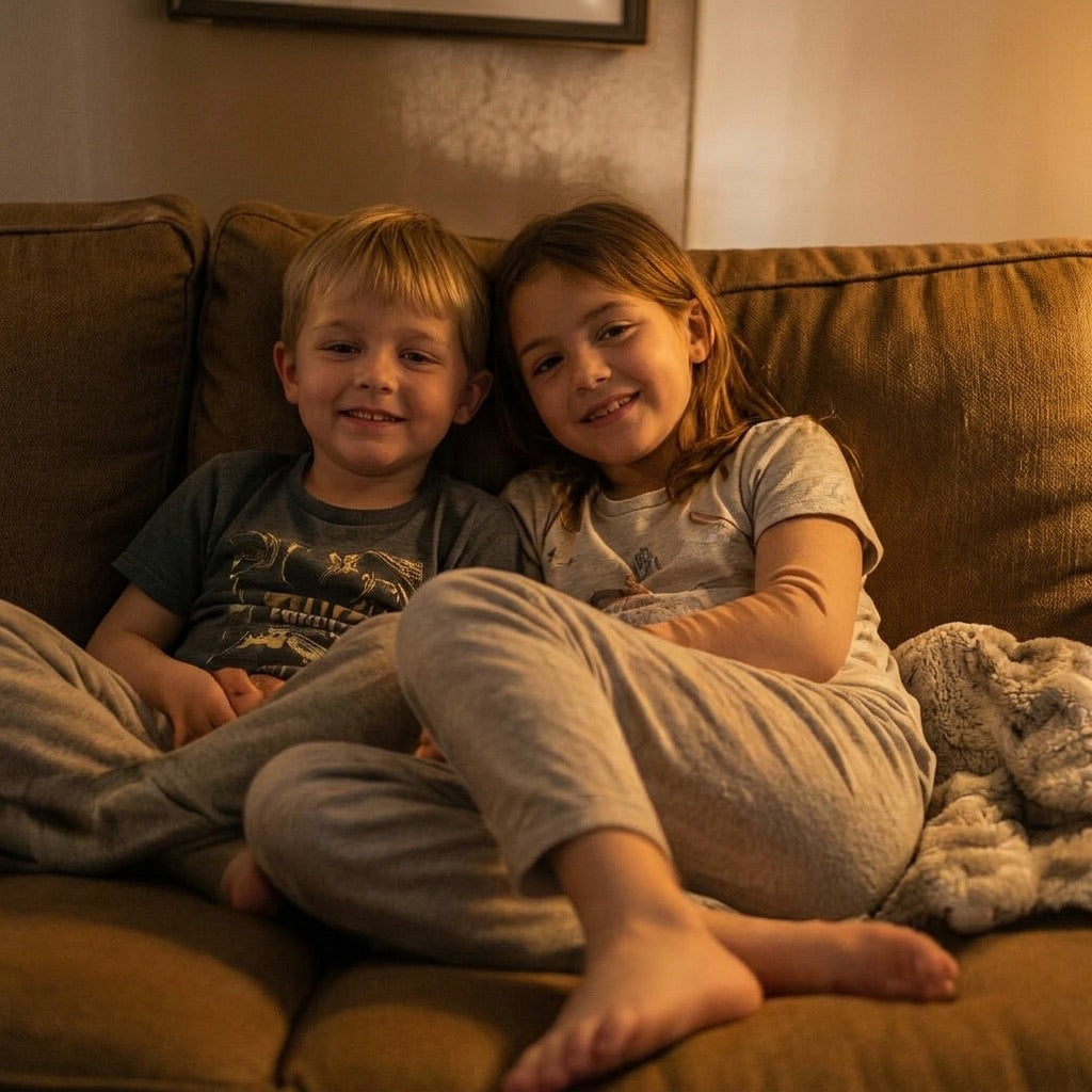 Two kids relaxing together on the living-room couch