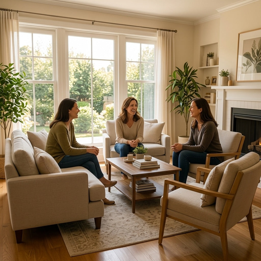 A bright, fresh living room with friends visiting comfortably